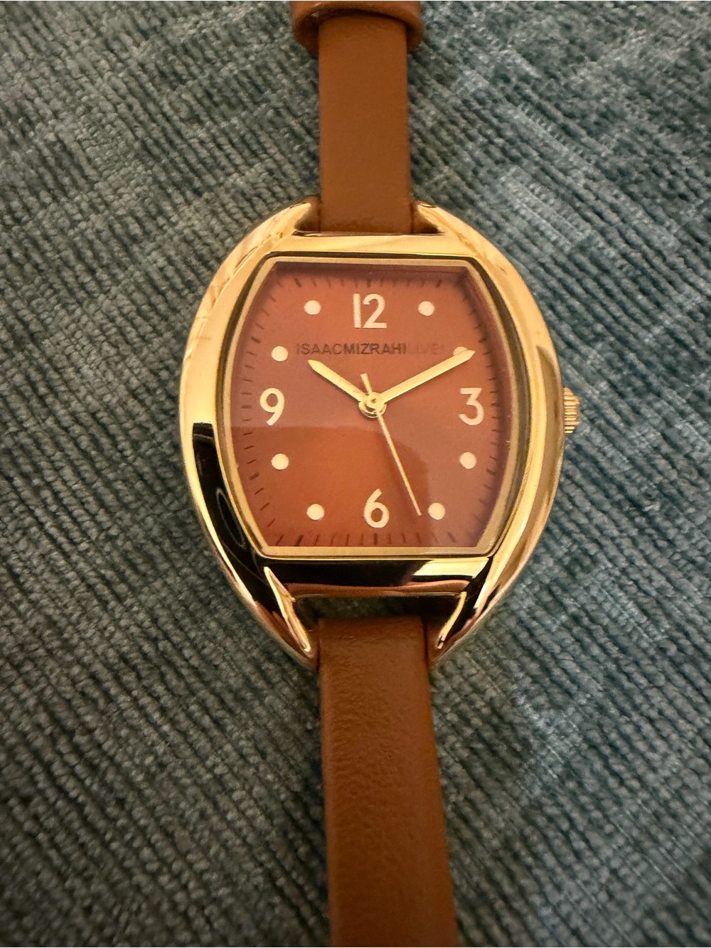 Isaac Mizrahi Live! Women's Gold Tone Tonneau Watch Tan Leather PC21 NWOT
